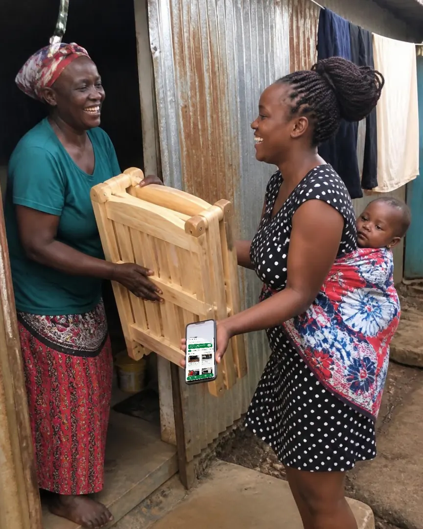 An older woman hands a cot to a young mother holding Chukua
