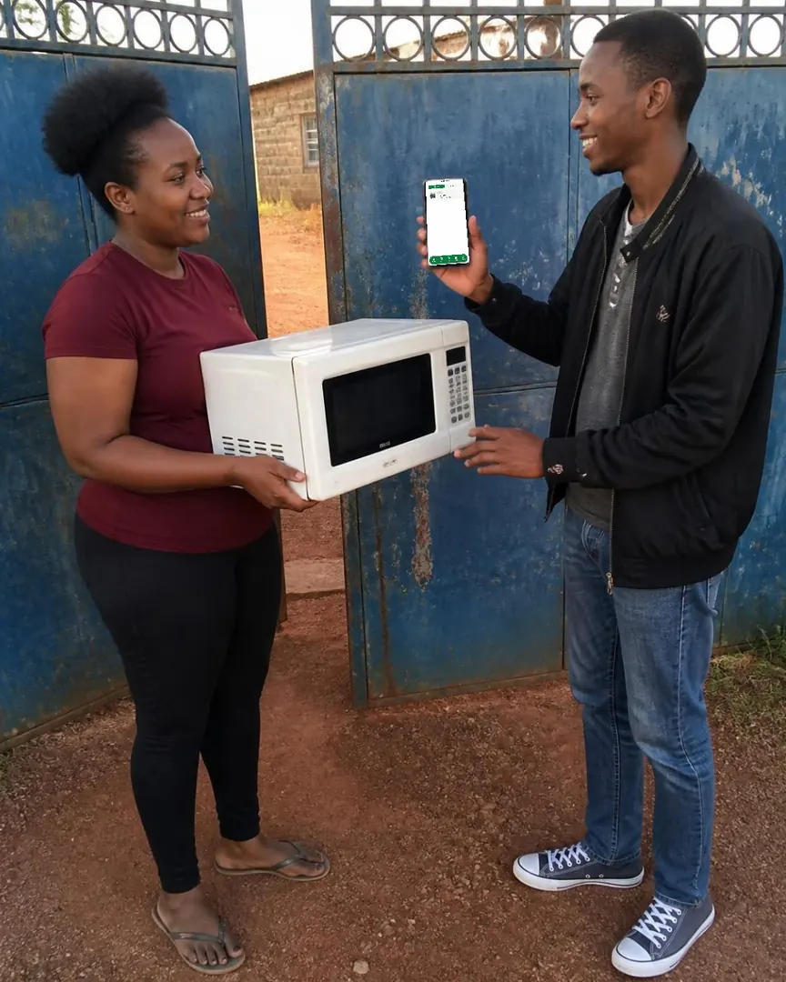 A woman hands a microwave to a young man holding his claim in Chukua