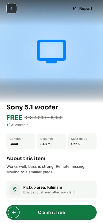Item details with the value estimate, condition, distance and deadline