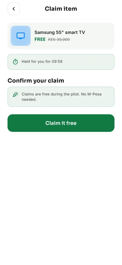 Claim screen with the item held for ten minutes